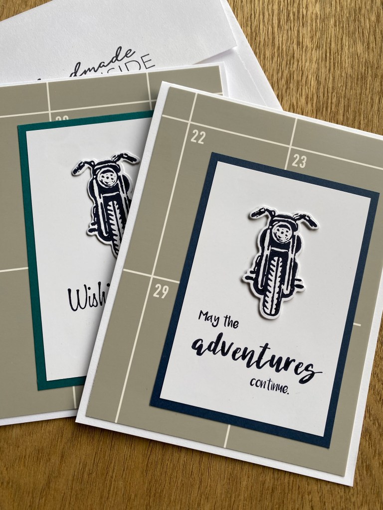 Two motorcycle birthday
cards with gray and white calendar backgrounds.